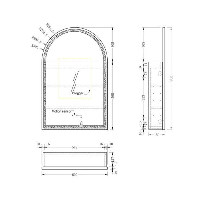 600x900x150mm Carysil Imperial Matte White Melamine Plywood Arch LED Shaving Cabinet