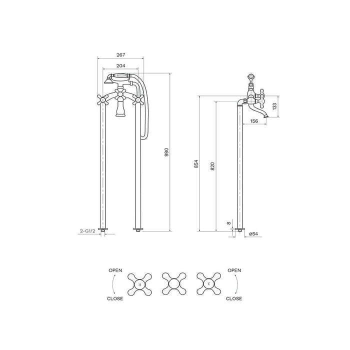 Hermitage Bath Filler with Hand Shower (Cross Handles)