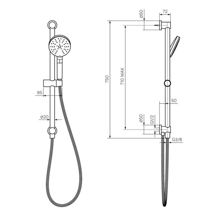 Parisi Envy II Sliding Rail with Button Slider and Hand Shower