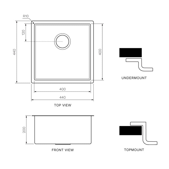 Quadro Single Bowl Sink Undermount/Topmount 440mm