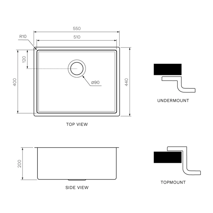 Quadro Single Bowl Sink Undermount/Topmount 550mm Fuclie