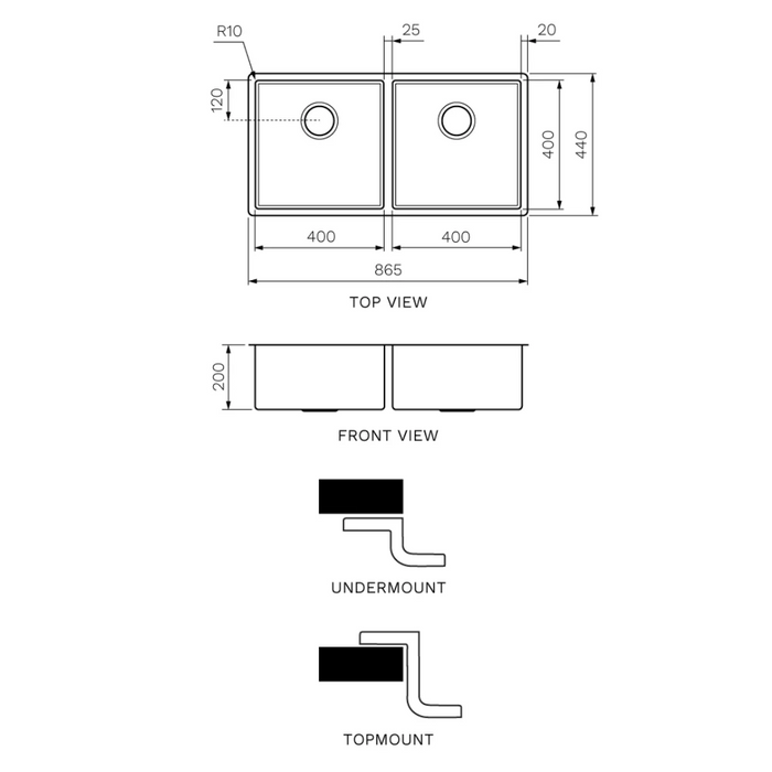 Quadro Sink Double Bowl Undermount/Topmount 865mm Brushed Bronze