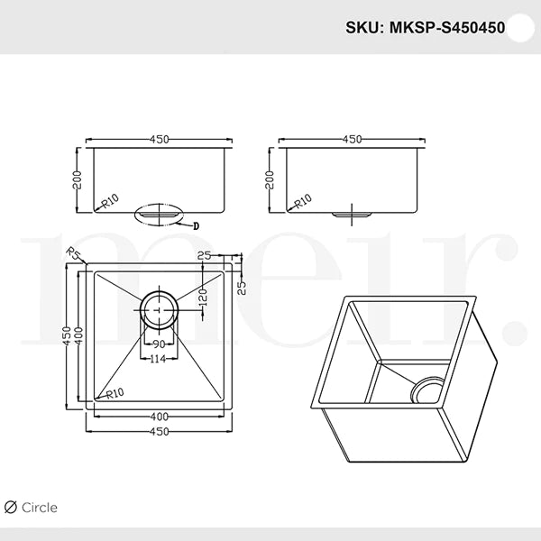Meir Single Bowl PVD Kitchen Sink 450mm - Gunmetal Black - MKSP-S450450-GM