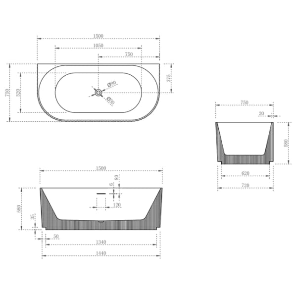 Cassa Design Fluted V-Groove 1500mm Back to Wall Bath - Matt White