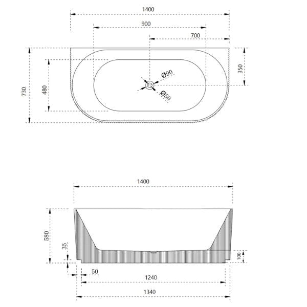 Cassa Design Fluted V-Groove 1400mm Back to Wall Bath - Matt White