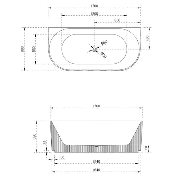 Cassa Design Fluted V-Groove 1700mm Back to Wall Bath - Matt White