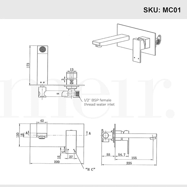 Meir Square Matte Black Spout and Mixer Combination