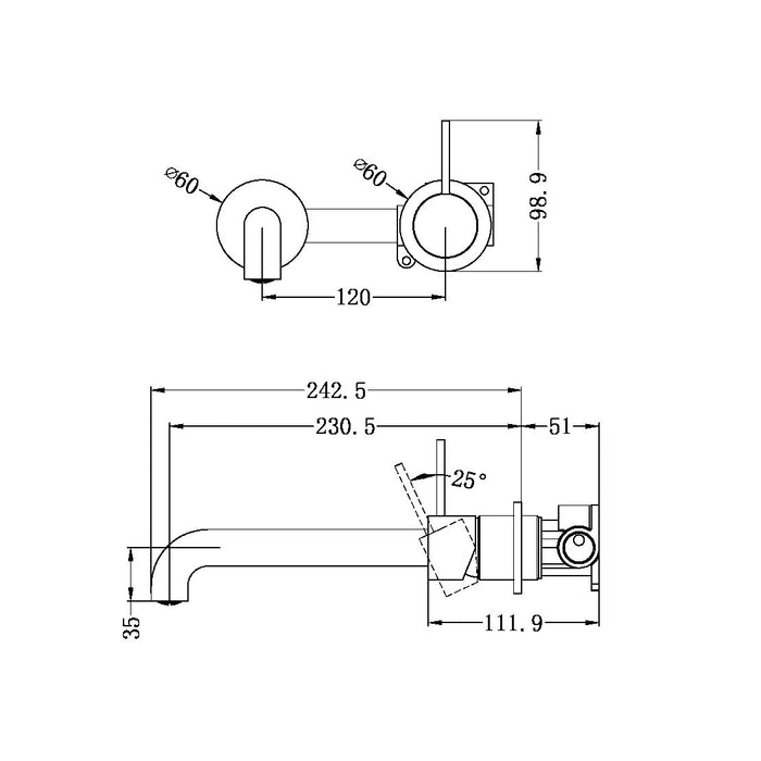 Nero Mecca Wall Basin Mixer Handle Up (Seperate Back Plate) Brushed Nickel