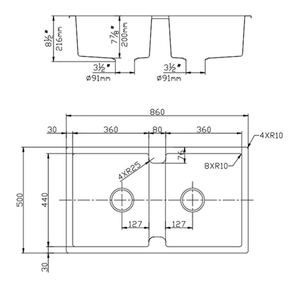 Poseidon QKS8650D-MB Quartz Double Bowl Kitchen Sink