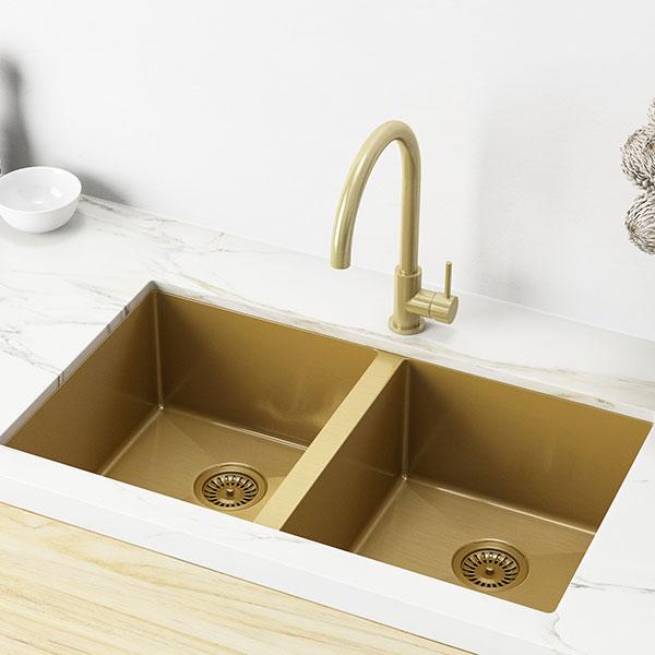 Meir Double Bowl PVD Kitchen Sink 860mm - Brushed Bronze Gold